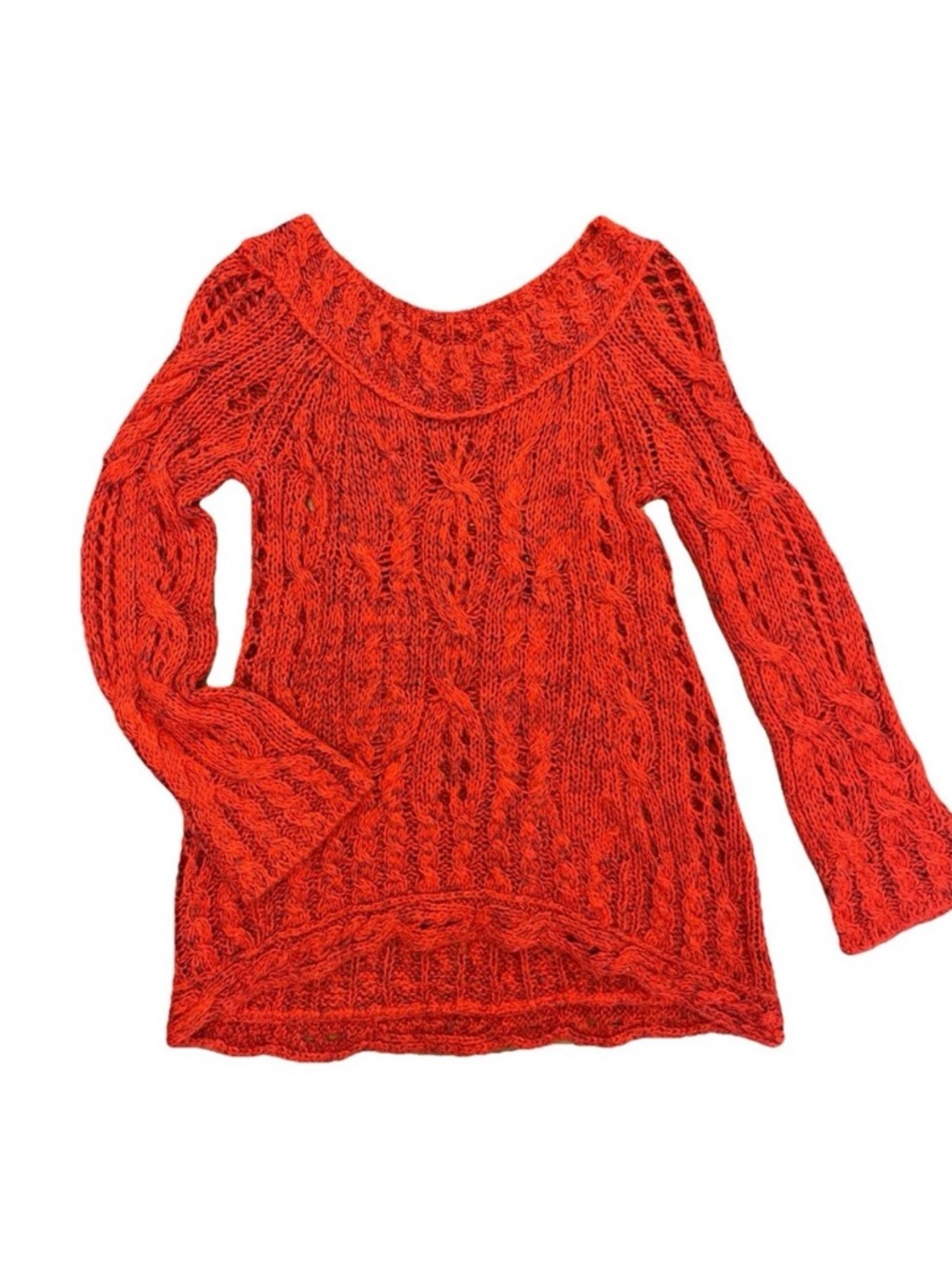 Free People Cable Knit Red Sweater Hot Tottie Boho Bell Sleeve Size SP Hippie